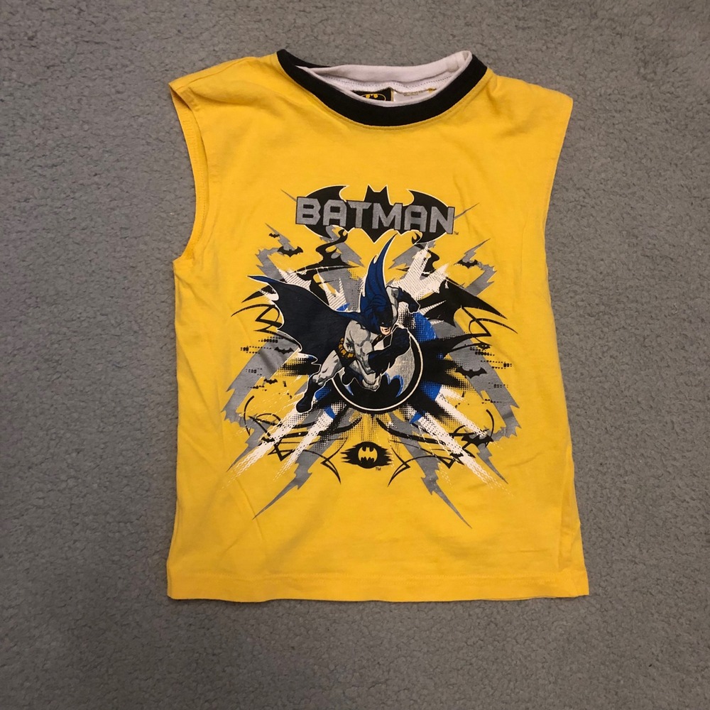 Batman DC Comics Muscle Tee Boys Size 7‎ Yellow Graphic Sleeveless Shirt Ringer